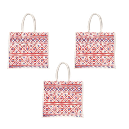 Red & White Printed Jute Shopping Bag – Eco-Friendly Reusable Tote (16×14×5 inch)