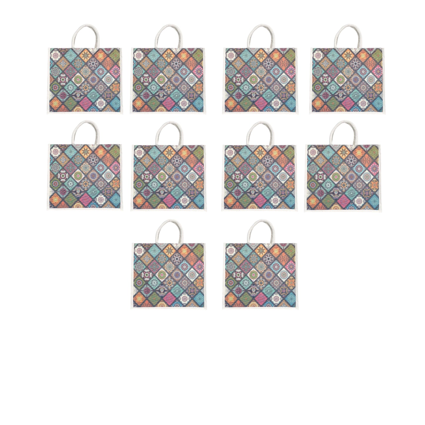 Colorful Geometric Printed Jute Shopping Bag | Eco-Friendly Reusable Tote | 16×14×5 Inch