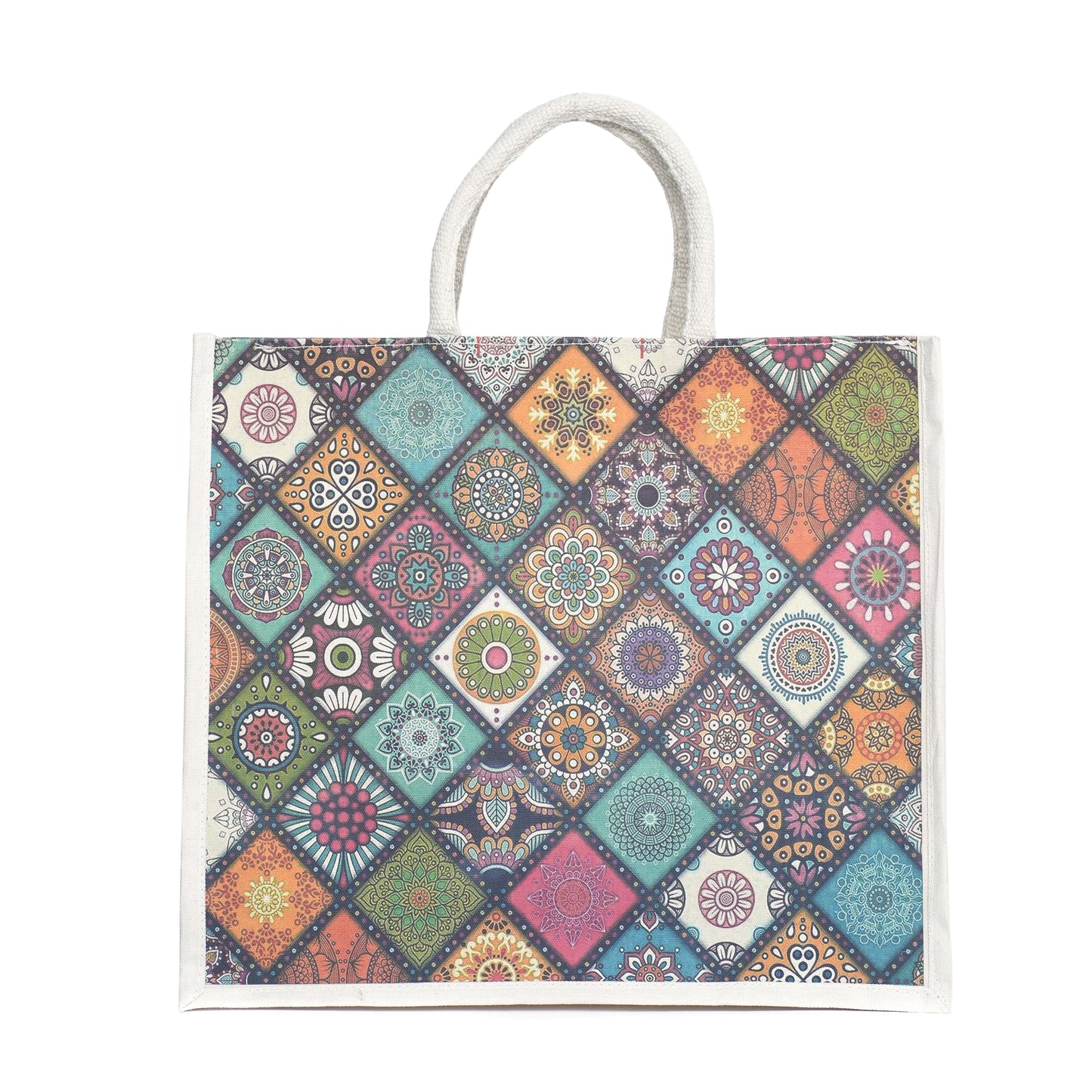 Colorful Geometric Printed Jute Shopping Bag | Eco-Friendly Reusable Tote | 16×14×5 Inch