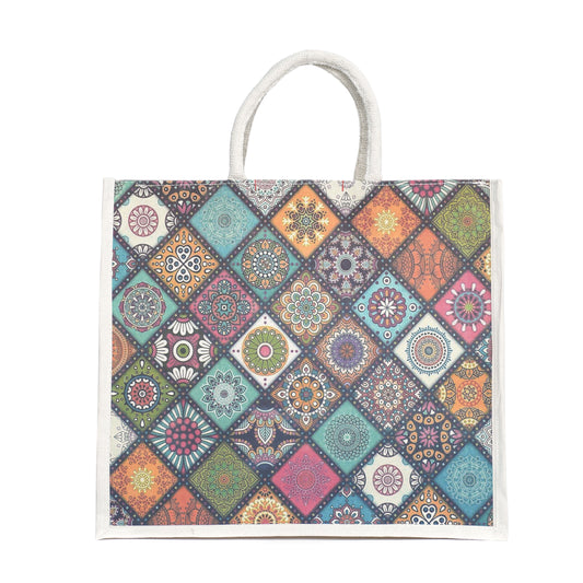 Colorful Geometric Printed Jute Shopping Bag | Eco-Friendly Reusable Tote | 16×14×5 Inch