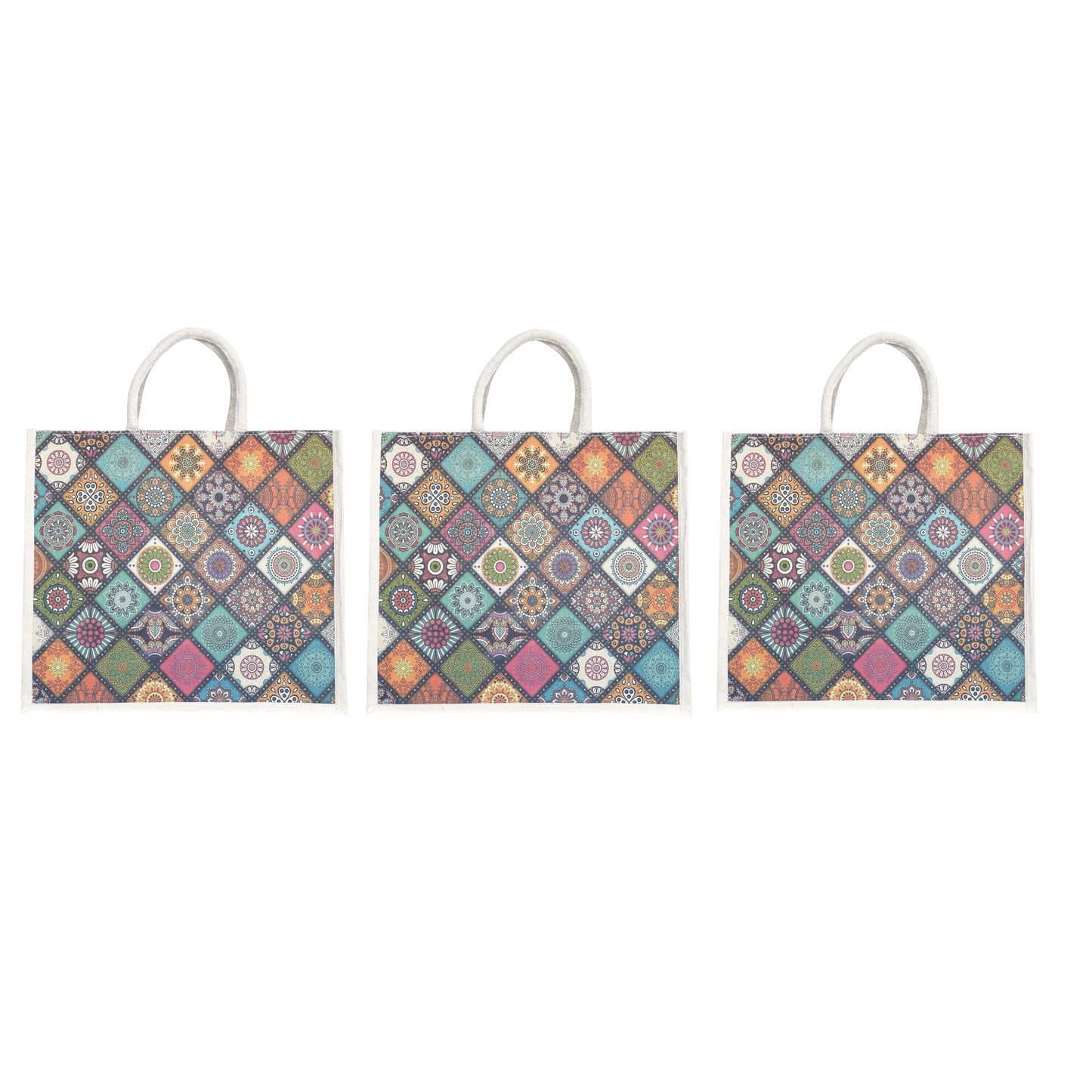 Colorful Geometric Printed Jute Shopping Bag | Eco-Friendly Reusable Tote | 16×14×5 Inch