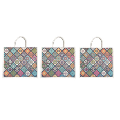 Colorful Geometric Printed Jute Shopping Bag | Eco-Friendly Reusable Tote | 16×14×5 Inch