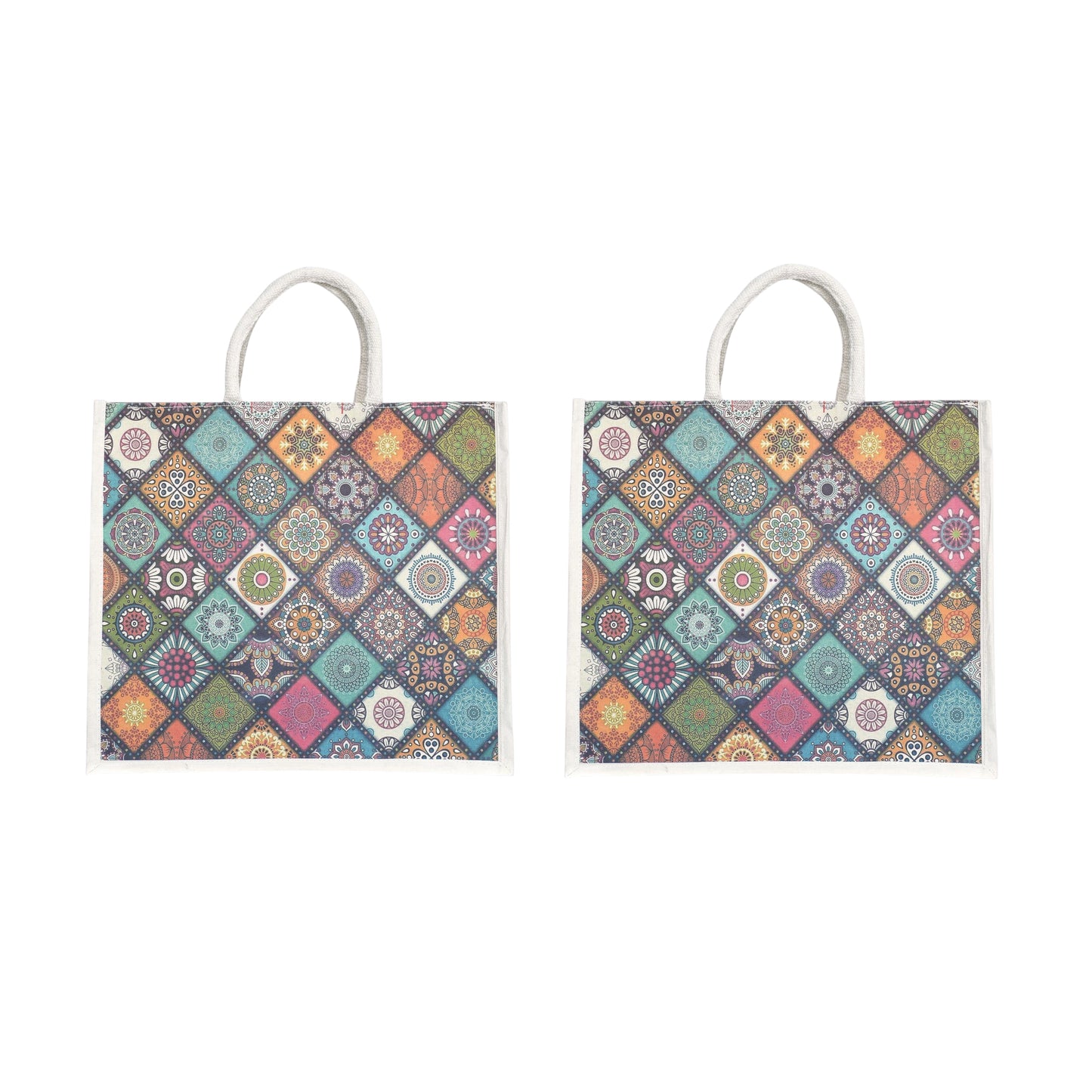 Colorful Geometric Printed Jute Shopping Bag | Eco-Friendly Reusable Tote | 16×14×5 Inch