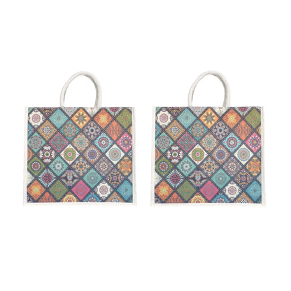 Colorful Geometric Printed Jute Shopping Bag | Eco-Friendly Reusable Tote | 16×14×5 Inch