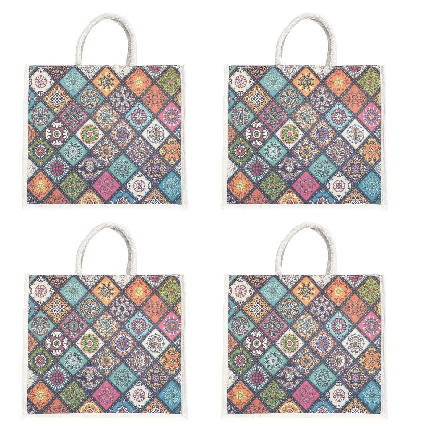 Colorful Geometric Printed Jute Shopping Bag | Eco-Friendly Reusable Tote | 16×14×5 Inch
