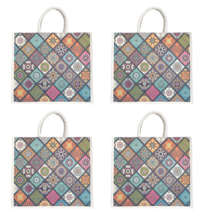 Colorful Geometric Printed Jute Shopping Bag | Eco-Friendly Reusable Tote | 16×14×5 Inch