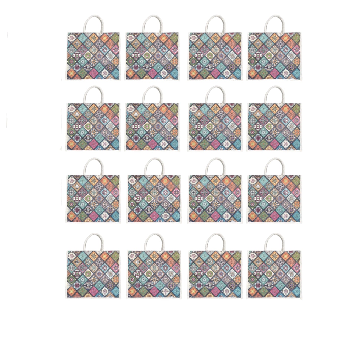 Colorful Geometric Printed Jute Shopping Bag | Eco-Friendly Reusable Tote | 16×14×5 Inch
