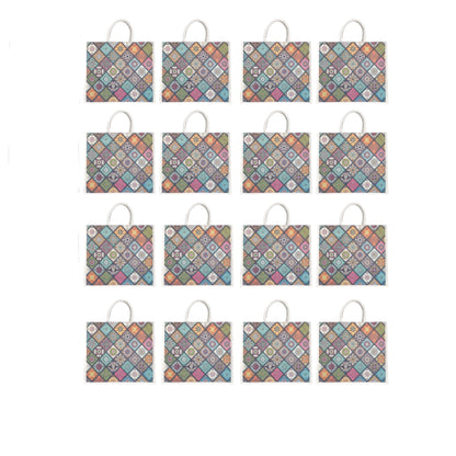 Colorful Geometric Printed Jute Shopping Bag | Eco-Friendly Reusable Tote | 16×14×5 Inch