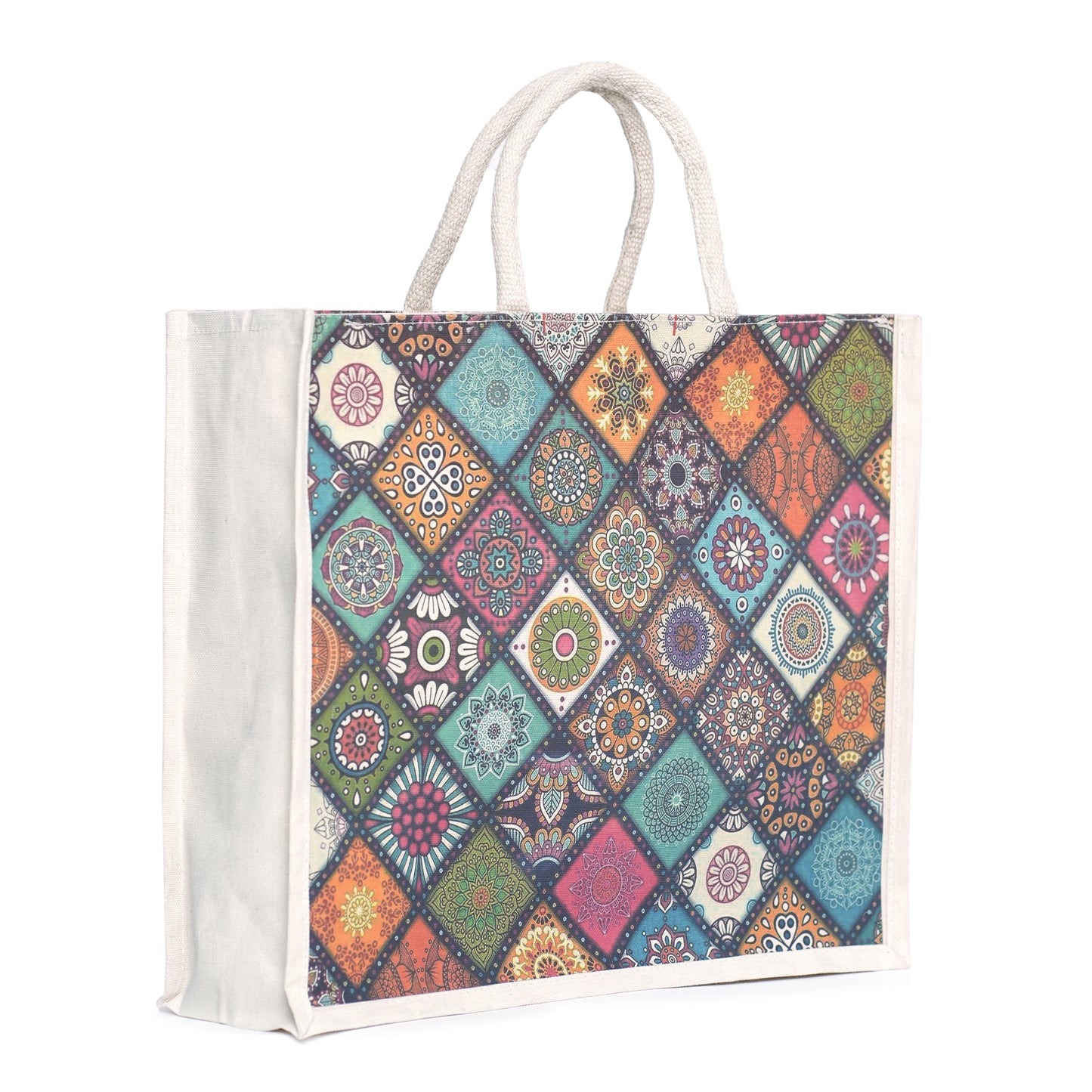 Colorful Geometric Printed Jute Shopping Bag | Eco-Friendly Reusable Tote | 16×14×5 Inch
