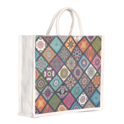 Colorful Geometric Printed Jute Shopping Bag | Eco-Friendly Reusable Tote | 16×14×5 Inch