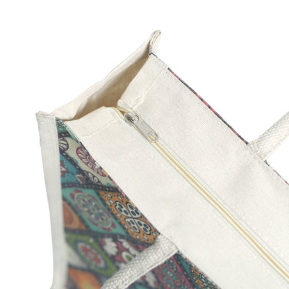 Colorful Geometric Printed Jute Shopping Bag | Eco-Friendly Reusable Tote | 16×14×5 Inch