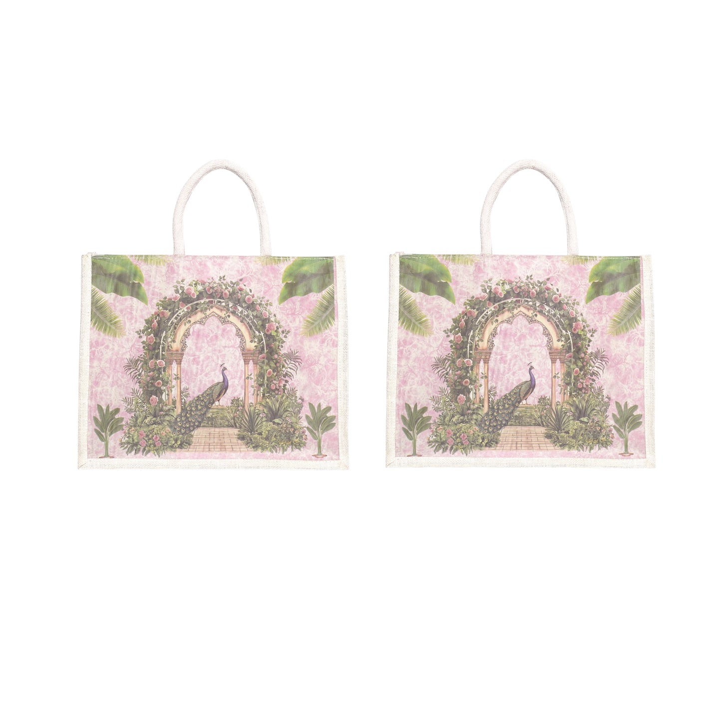 Designer Peacock Garden Jute Bag | Eco-Friendly Reusable Tote | Floral Printed Shopping Handbag (16×14×5 inch)