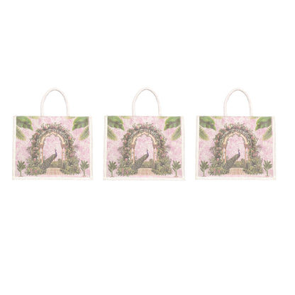 Designer Peacock Garden Jute Bag | Eco-Friendly Reusable Tote | Floral Printed Shopping Handbag (16×14×5 inch)