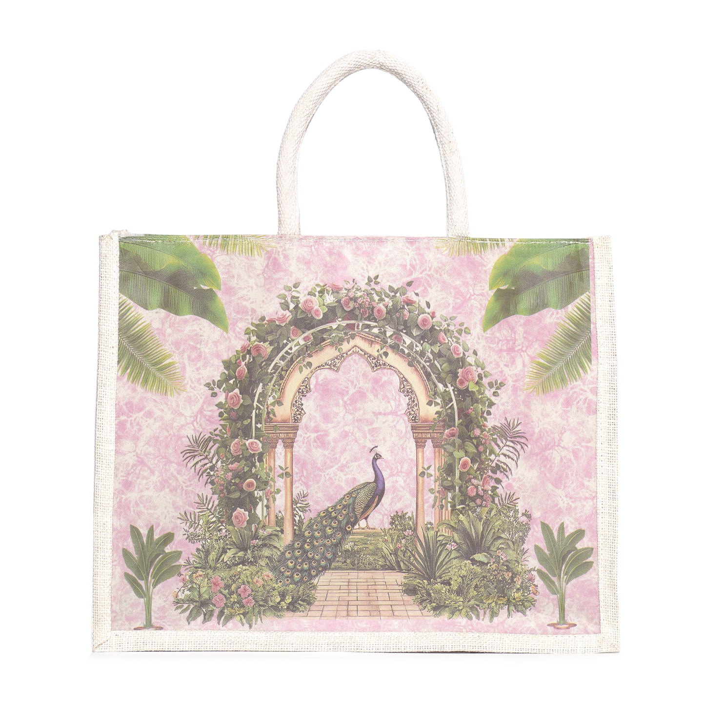 Designer Peacock Garden Jute Bag | Eco-Friendly Reusable Tote | Floral Printed Shopping Handbag (16×14×5 inch)