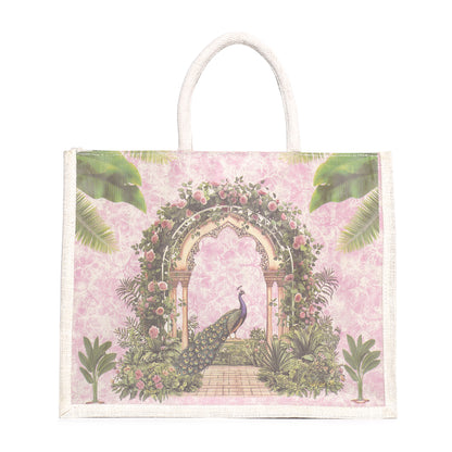 Designer Peacock Garden Jute Bag | Eco-Friendly Reusable Tote | Floral Printed Shopping Handbag (16×14×5 inch)