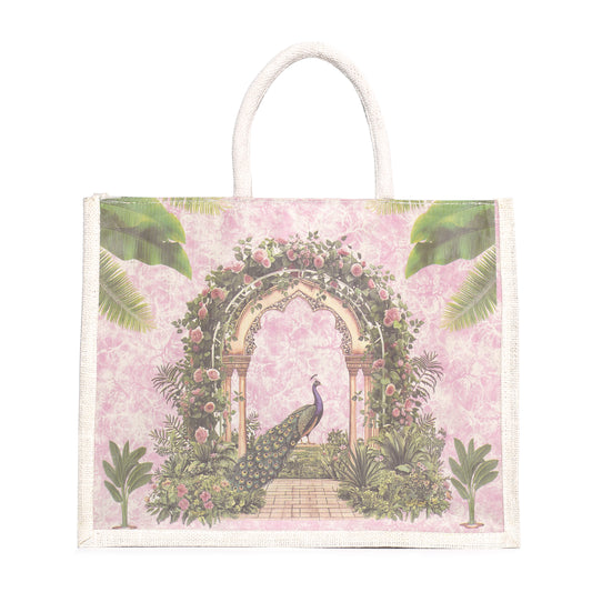 Designer Peacock Garden Jute Bag | Eco-Friendly Reusable Tote | Floral Printed Shopping Handbag (16×14×5 inch)