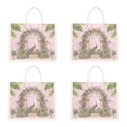 Designer Peacock Garden Jute Bag | Eco-Friendly Reusable Tote | Floral Printed Shopping Handbag (16×14×5 inch)