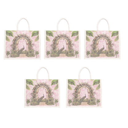 Designer Peacock Garden Jute Bag | Eco-Friendly Reusable Tote | Floral Printed Shopping Handbag (16×14×5 inch)