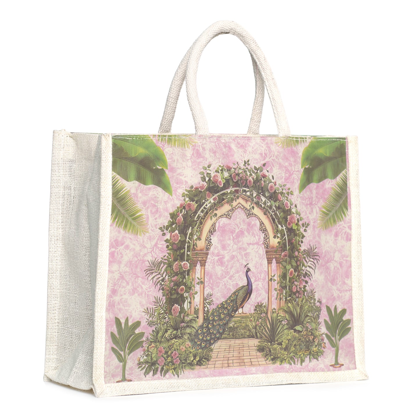 Designer Peacock Garden Jute Bag | Eco-Friendly Reusable Tote | Floral Printed Shopping Handbag (16×14×5 inch)
