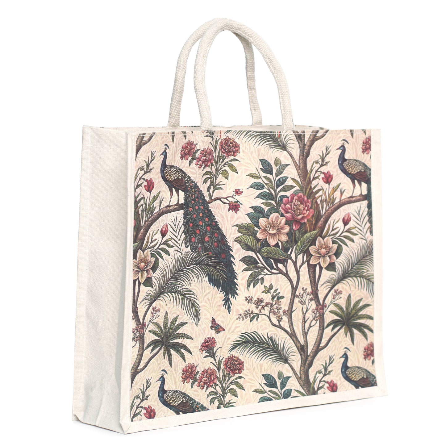 Premium Peacock Forest Printed Jute Bag | Eco-Friendly Reusable Tote | Floral Designer Shopping Bag (16×14×5 inch)