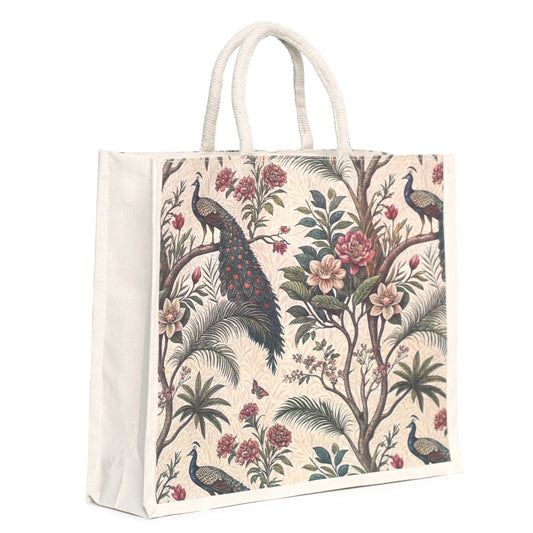 Premium Peacock Forest Printed Jute Bag | Eco-Friendly Reusable Tote | Floral Designer Shopping Bag (16×14×5 inch)
