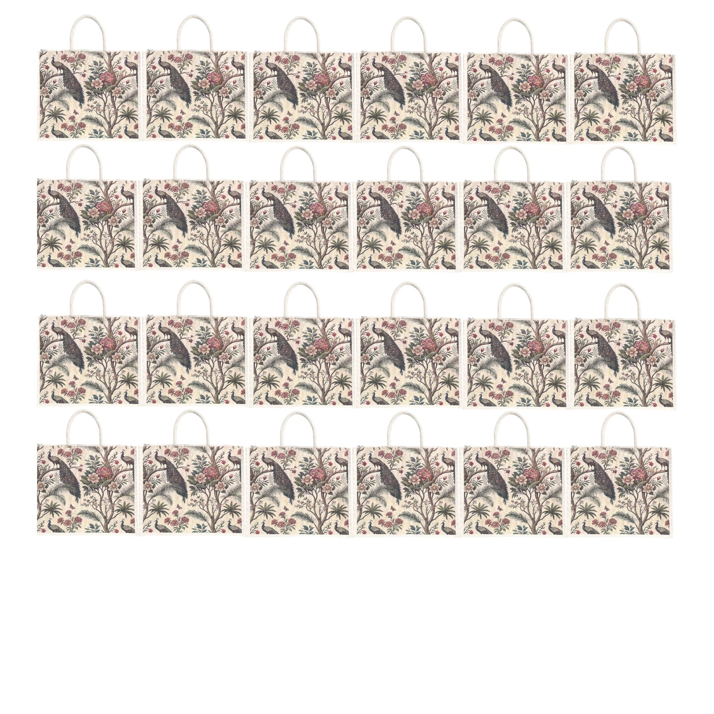 Premium Peacock Forest Printed Jute Bag | Eco-Friendly Reusable Tote | Floral Designer Shopping Bag (16×14×5 inch)