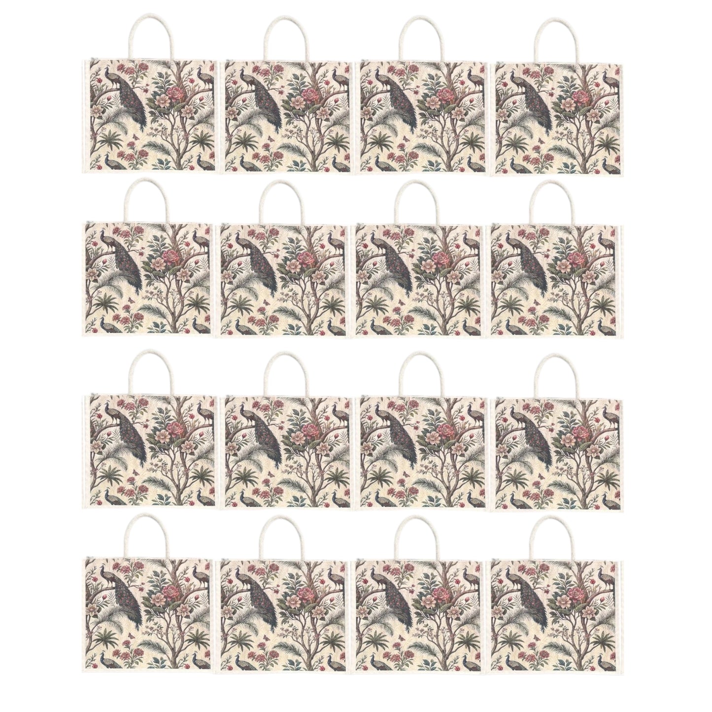 Premium Peacock Forest Printed Jute Bag | Eco-Friendly Reusable Tote | Floral Designer Shopping Bag (16×14×5 inch)