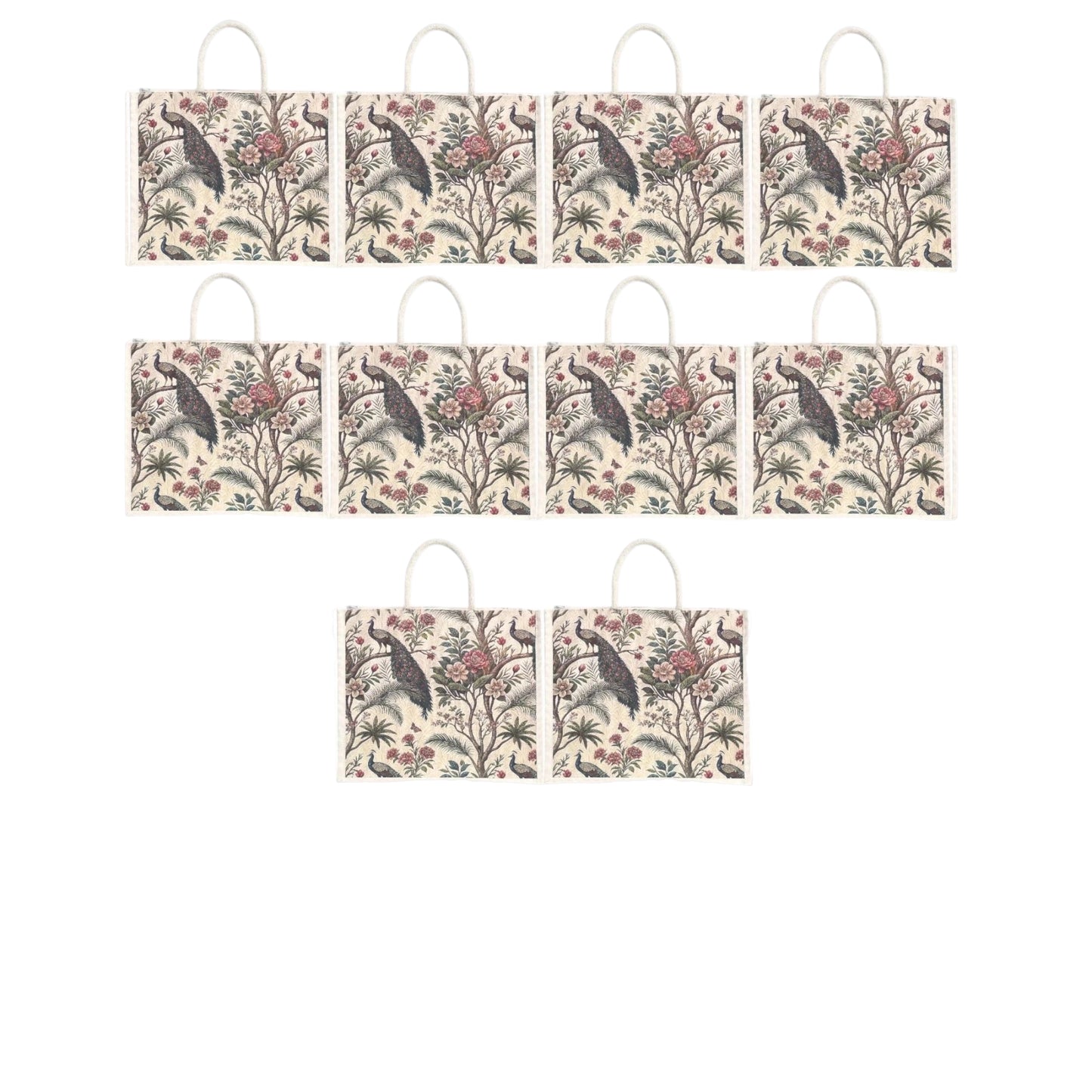 Premium Peacock Forest Printed Jute Bag | Eco-Friendly Reusable Tote | Floral Designer Shopping Bag (16×14×5 inch)