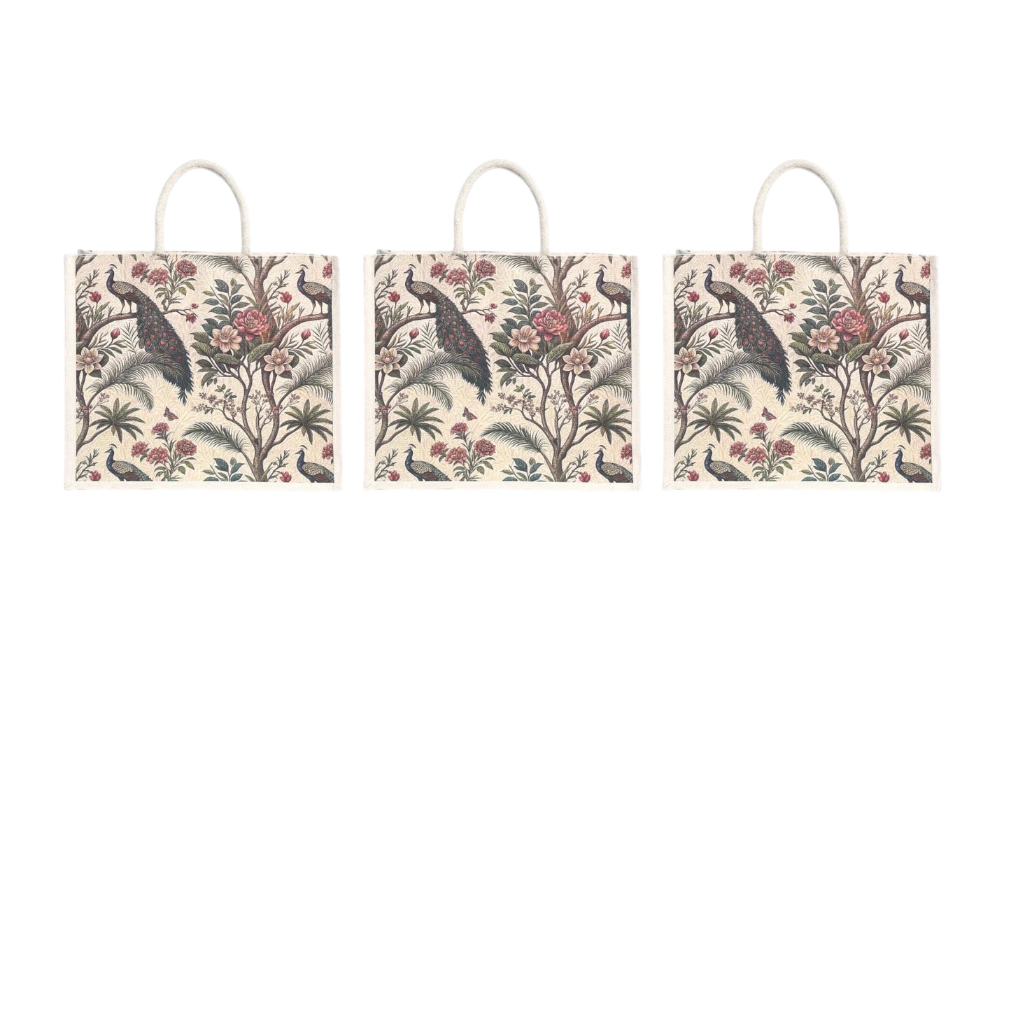 Premium Peacock Forest Printed Jute Bag | Eco-Friendly Reusable Tote | Floral Designer Shopping Bag (16×14×5 inch)