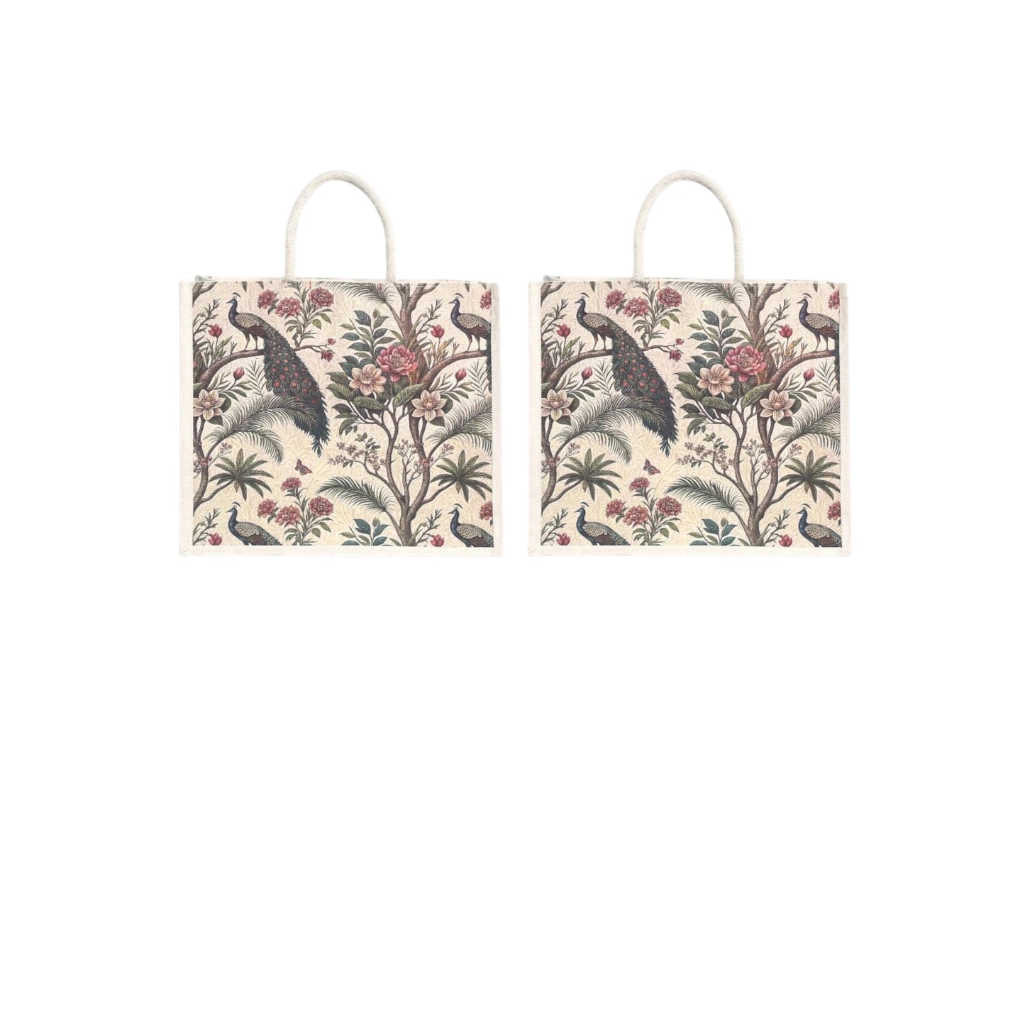 Premium Peacock Forest Printed Jute Bag | Eco-Friendly Reusable Tote | Floral Designer Shopping Bag (16×14×5 inch)