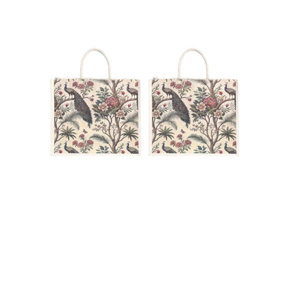 Premium Peacock Forest Printed Jute Bag | Eco-Friendly Reusable Tote | Floral Designer Shopping Bag (16×14×5 inch)