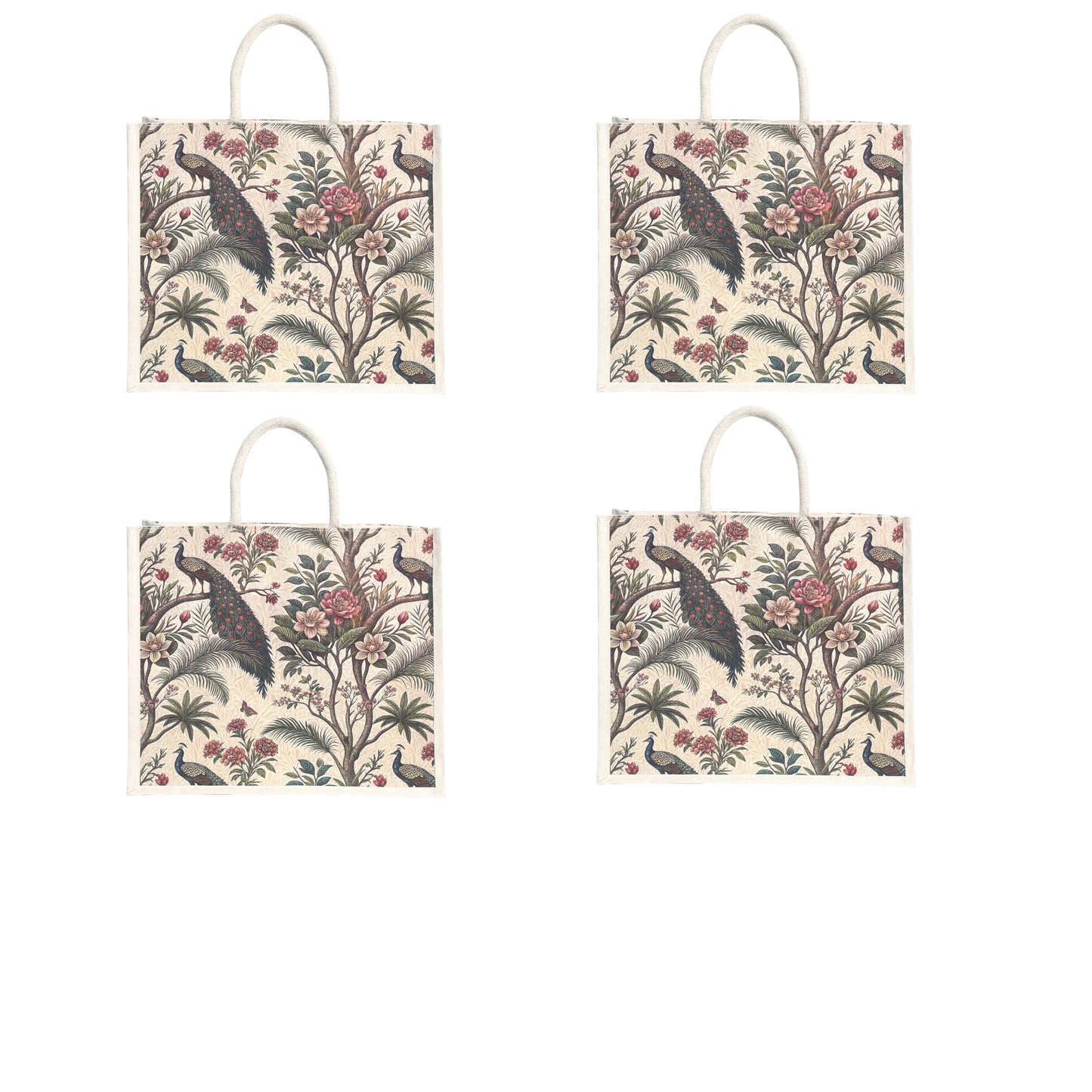 Premium Peacock Forest Printed Jute Bag | Eco-Friendly Reusable Tote | Floral Designer Shopping Bag (16×14×5 inch)