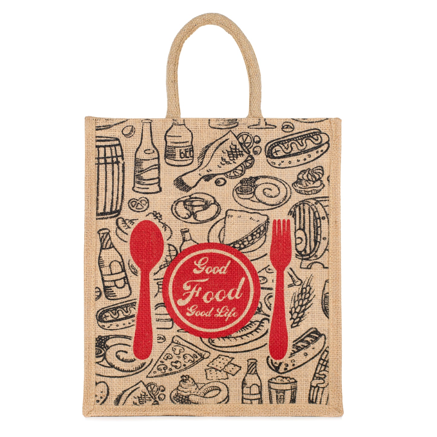 Good Food Jute Bag | Reusable Grocery & Shopping Bag | Printed Lunch Tote with Zipper & Handle | 33x29x12cm