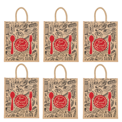 Good Food Jute Bag | Reusable Grocery & Shopping Bag | Printed Lunch Tote with Zipper & Handle | 33x29x12cm