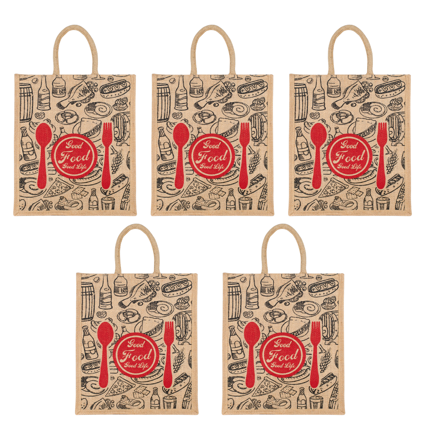 Good Food Jute Bag | Reusable Grocery & Shopping Bag | Printed Lunch Tote with Zipper & Handle | 33x29x12cm