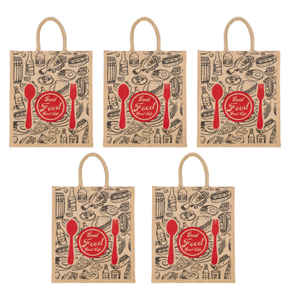 Good Food Jute Bag | Reusable Grocery & Shopping Bag | Printed Lunch Tote with Zipper & Handle | 33x29x12cm
