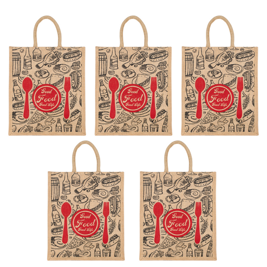 Good Food Jute Bag | Reusable Grocery & Shopping Bag | Printed Lunch Tote with Zipper & Handle | 33x29x12cm
