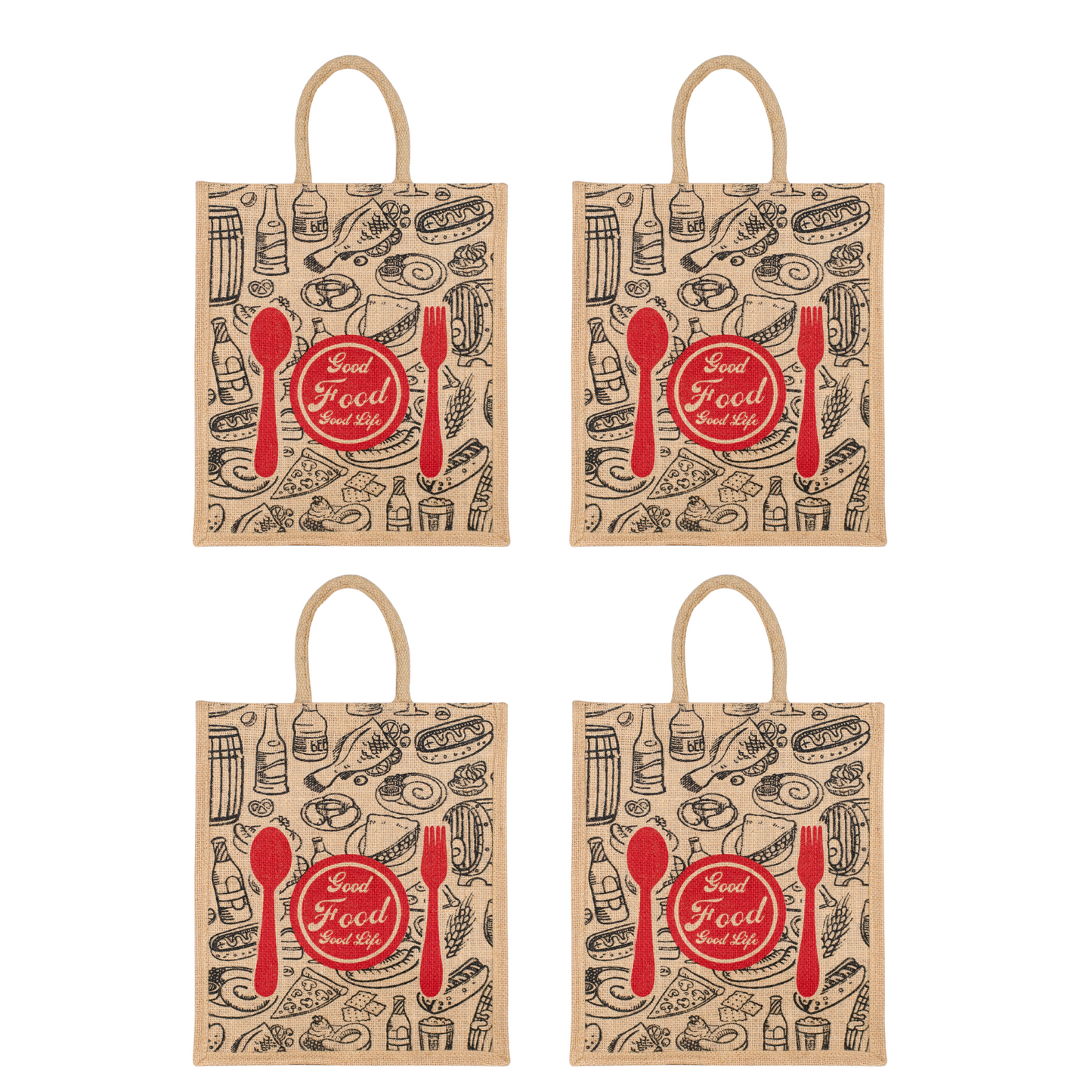 Good Food Jute Bag | Reusable Grocery & Shopping Bag | Printed Lunch Tote with Zipper & Handle | 33x29x12cm