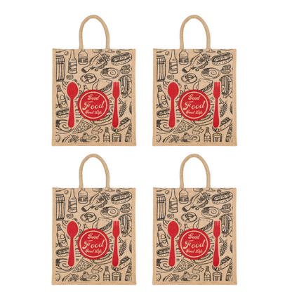 Good Food Jute Bag | Reusable Grocery & Shopping Bag | Printed Lunch Tote with Zipper & Handle | 33x29x12cm