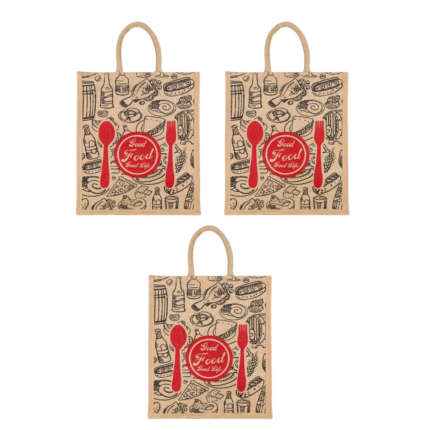 Good Food Jute Bag | Reusable Grocery & Shopping Bag | Printed Lunch Tote with Zipper & Handle | 33x29x12cm