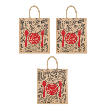 Good Food Jute Bag | Reusable Grocery & Shopping Bag | Printed Lunch Tote with Zipper & Handle | 33x29x12cm
