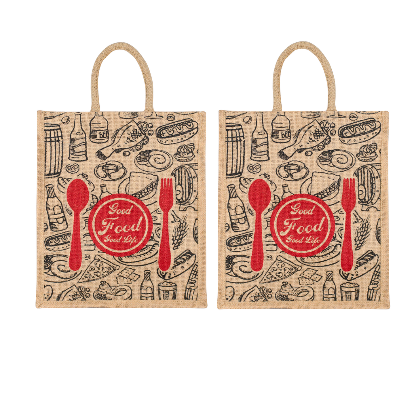 Good Food Jute Bag | Reusable Grocery & Shopping Bag | Printed Lunch Tote with Zipper & Handle | 33x29x12cm