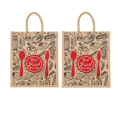 Good Food Jute Bag | Reusable Grocery & Shopping Bag | Printed Lunch Tote with Zipper & Handle | 33x29x12cm