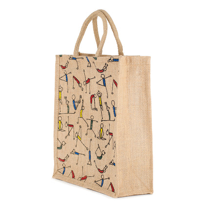 Yoga Print Jute Bag | Multipurpose Reusable Lunch & Grocery Bag | Handcrafted with Zipper | 33x29x12cm