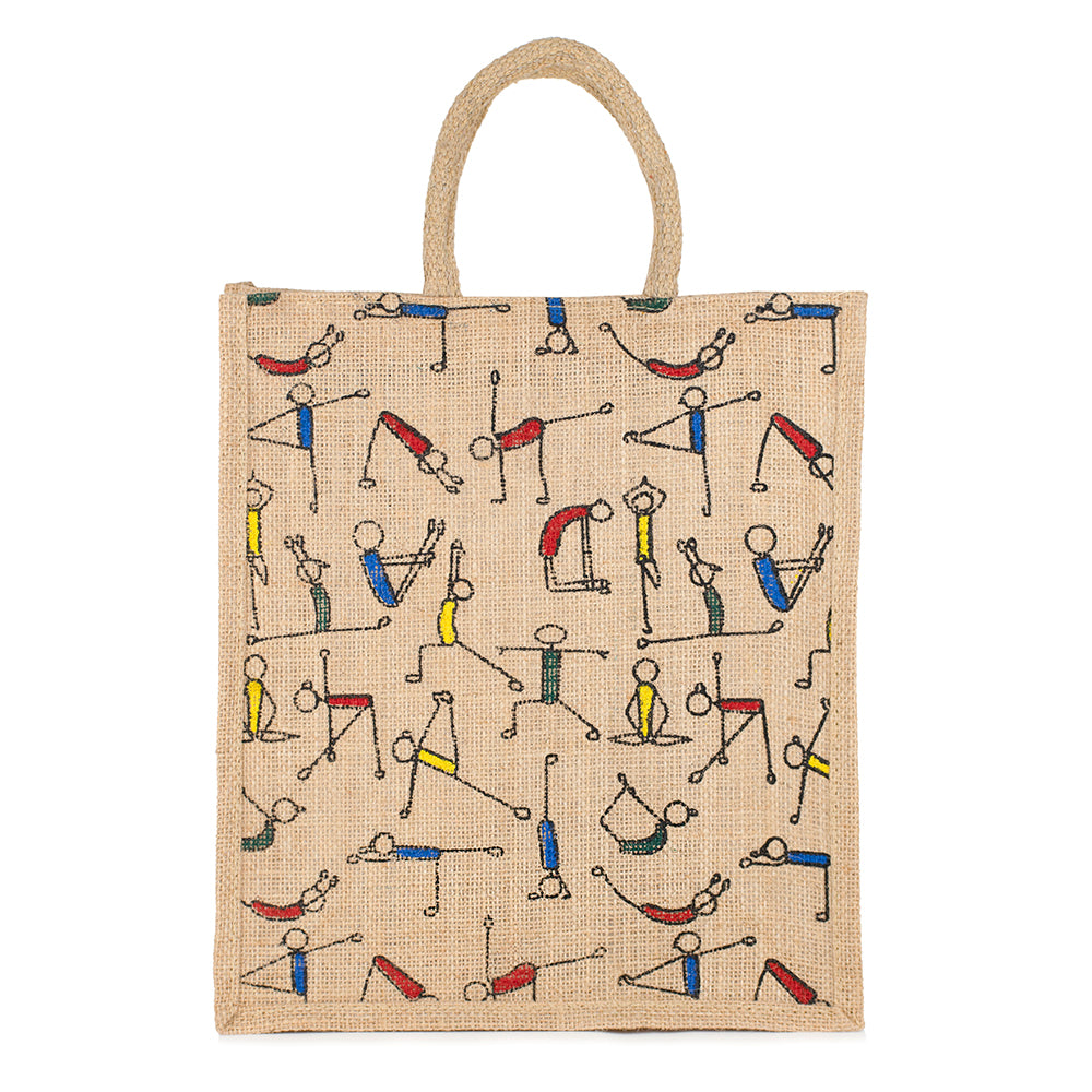 Yoga Print Jute Bag | Multipurpose Reusable Lunch & Grocery Bag | Handcrafted with Zipper | 33x29x12cm