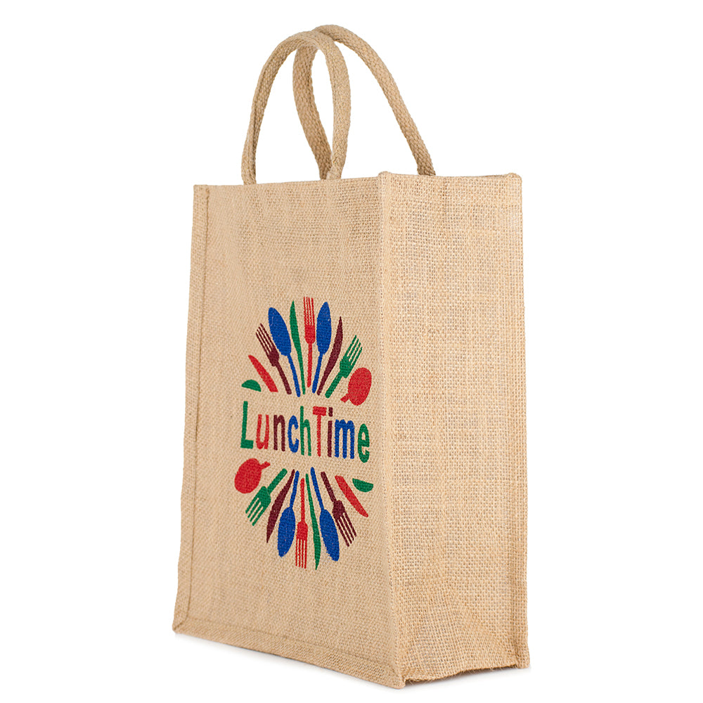 LunchTime Jute Bag | Reusable Lunch & Grocery Carry Bag | Eco-Friendly Printed Tote with Zipper | 33x29x12cm