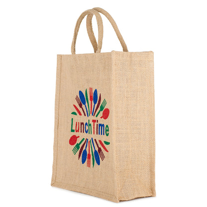 LunchTime Jute Bag | Reusable Lunch & Grocery Carry Bag | Eco-Friendly Printed Tote with Zipper | 33x29x12cm