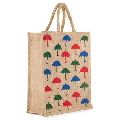Umbrella Print Jute Bag | Eco-Friendly Reusable Shopping Tote | Zipper Closure | 33x29x12cm