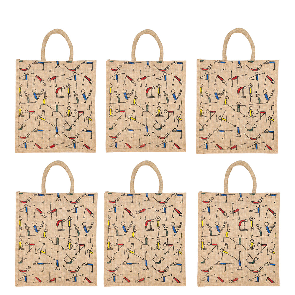 Yoga Print Jute Bag | Multipurpose Reusable Lunch & Grocery Bag | Handcrafted with Zipper | 33x29x12cm