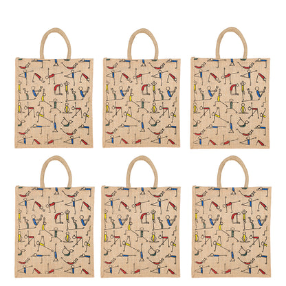 Yoga Print Jute Bag | Multipurpose Reusable Lunch & Grocery Bag | Handcrafted with Zipper | 33x29x12cm